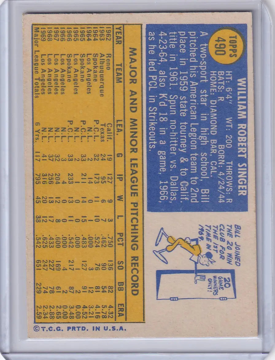 1970 Topps Baseball #490 Bill Singer - Los Angeles Dodgers