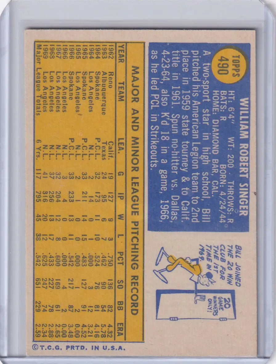 1970 Topps Baseball #490 Bill Singer - Los Angeles Dodgers