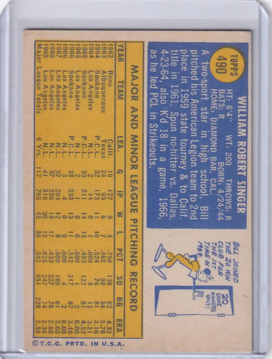 1970 Topps Baseball #490 Bill Singer - Los Angeles Dodgers