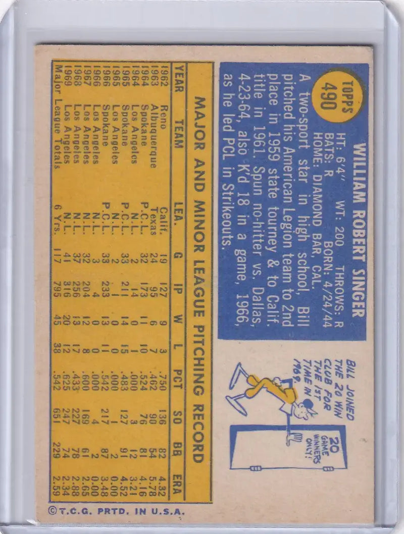 1970 Topps Baseball #490 Bill Singer - Los Angeles Dodgers