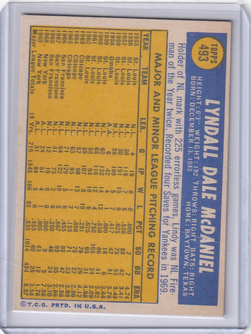 1970 Topps Baseball #493 Lindy McDaniel - New York Yankees