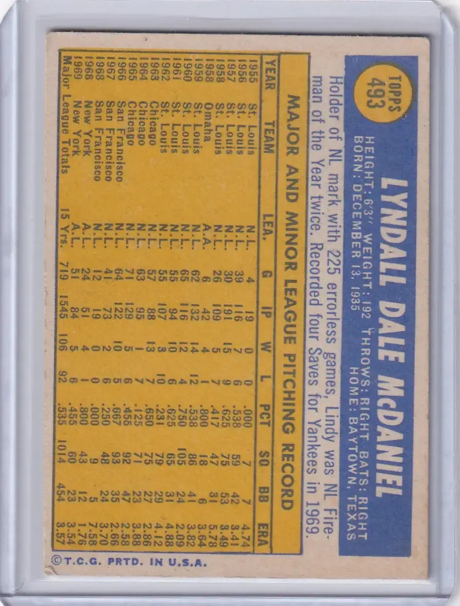 1970 Topps Baseball #493 Lindy McDaniel - New York Yankees