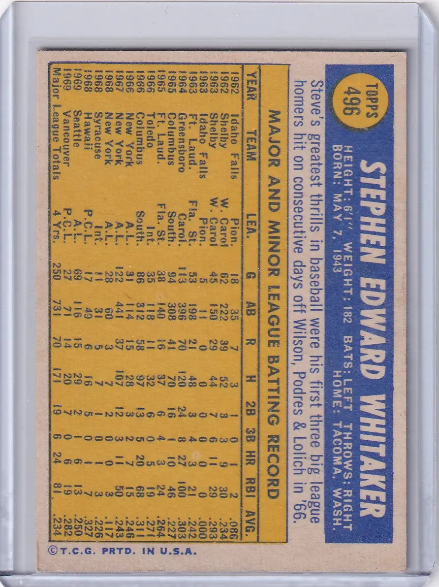 1970 Topps Baseball #496 Steve Whitaker - San Francisco Giants