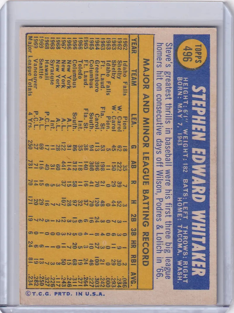 1970 Topps Baseball #496 Steve Whitaker - San Francisco Giants