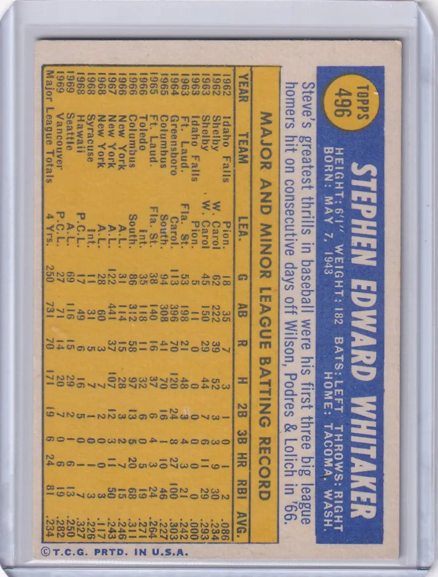 1970 Topps Baseball #496 Steve Whitaker - San Francisco Giants