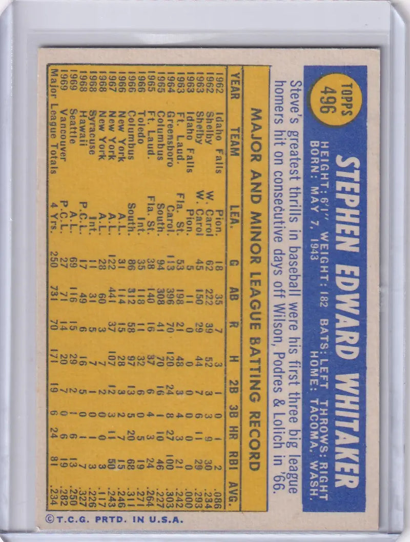 1970 Topps Baseball #496 Steve Whitaker - San Francisco Giants