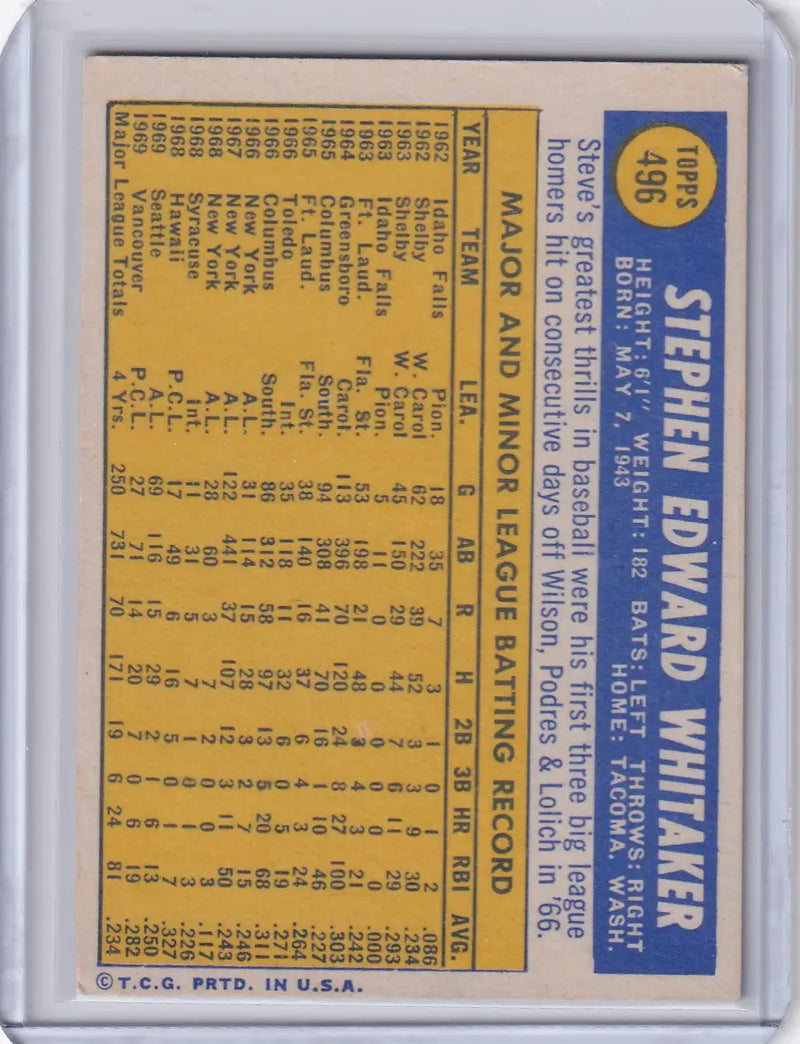 1970 Topps Baseball #496 Steve Whitaker - San Francisco Giants