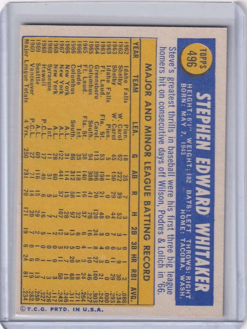 1970 Topps Baseball #496 Steve Whitaker - San Francisco Giants