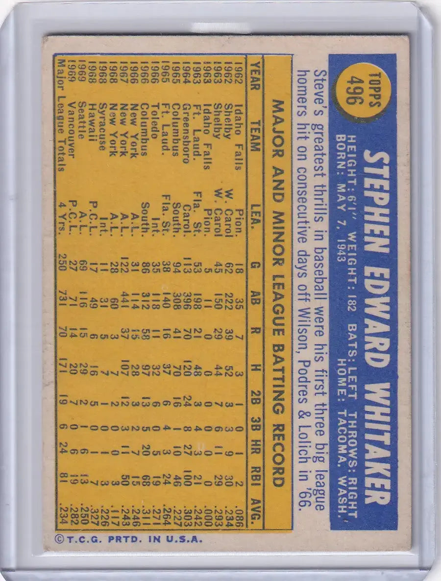 1970 Topps Baseball #496 Steve Whitaker - San Francisco Giants