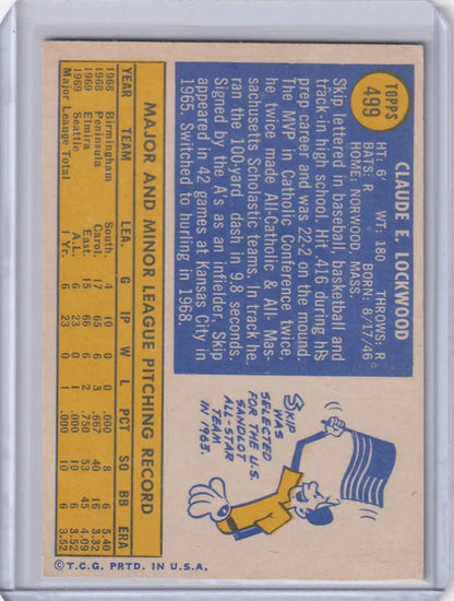 Vintage Topps Baseball card of Skip Lockwood, Seattle Pilots with player stats and illustration