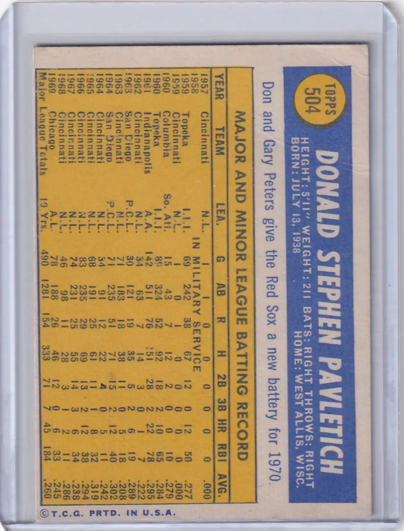 1970 Topps Baseball #504 Don Pavletich - Boston Red Sox