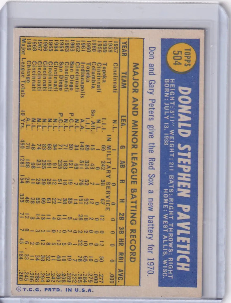1970 Topps Baseball #504 Don Pavletich - Boston Red Sox