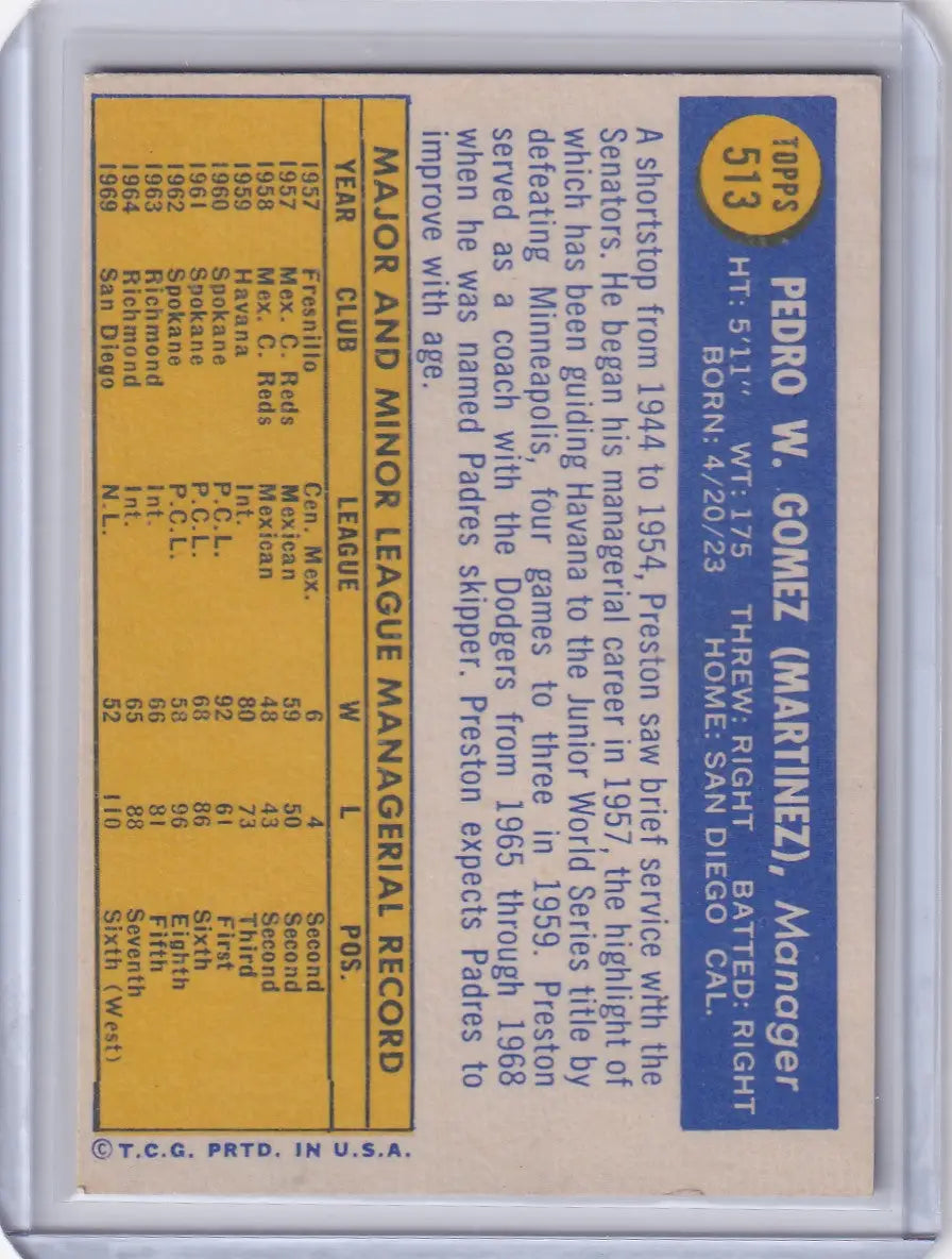 1970 Topps Baseball #513 Preston Gomez - San Diego Padres