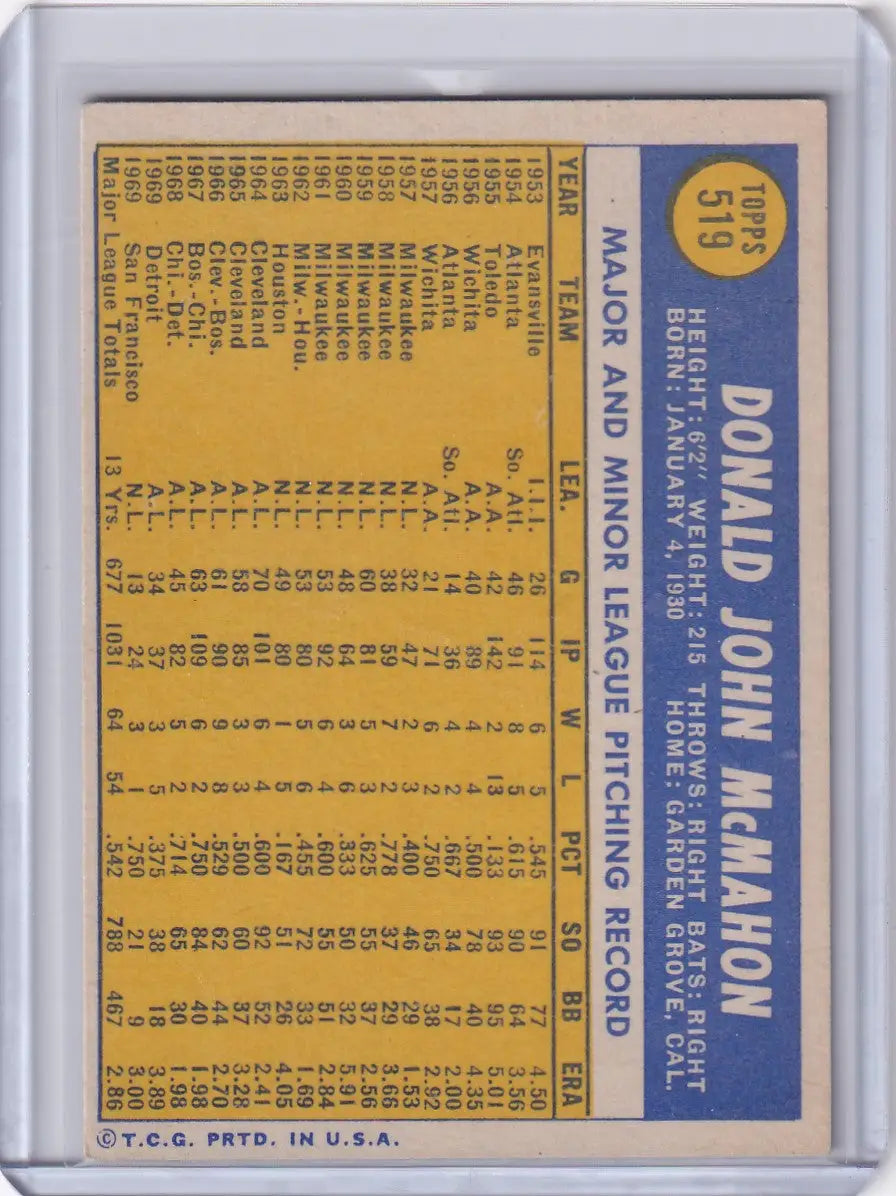 1970 Topps Baseball #519 Don McMahon - San Francisco Giants