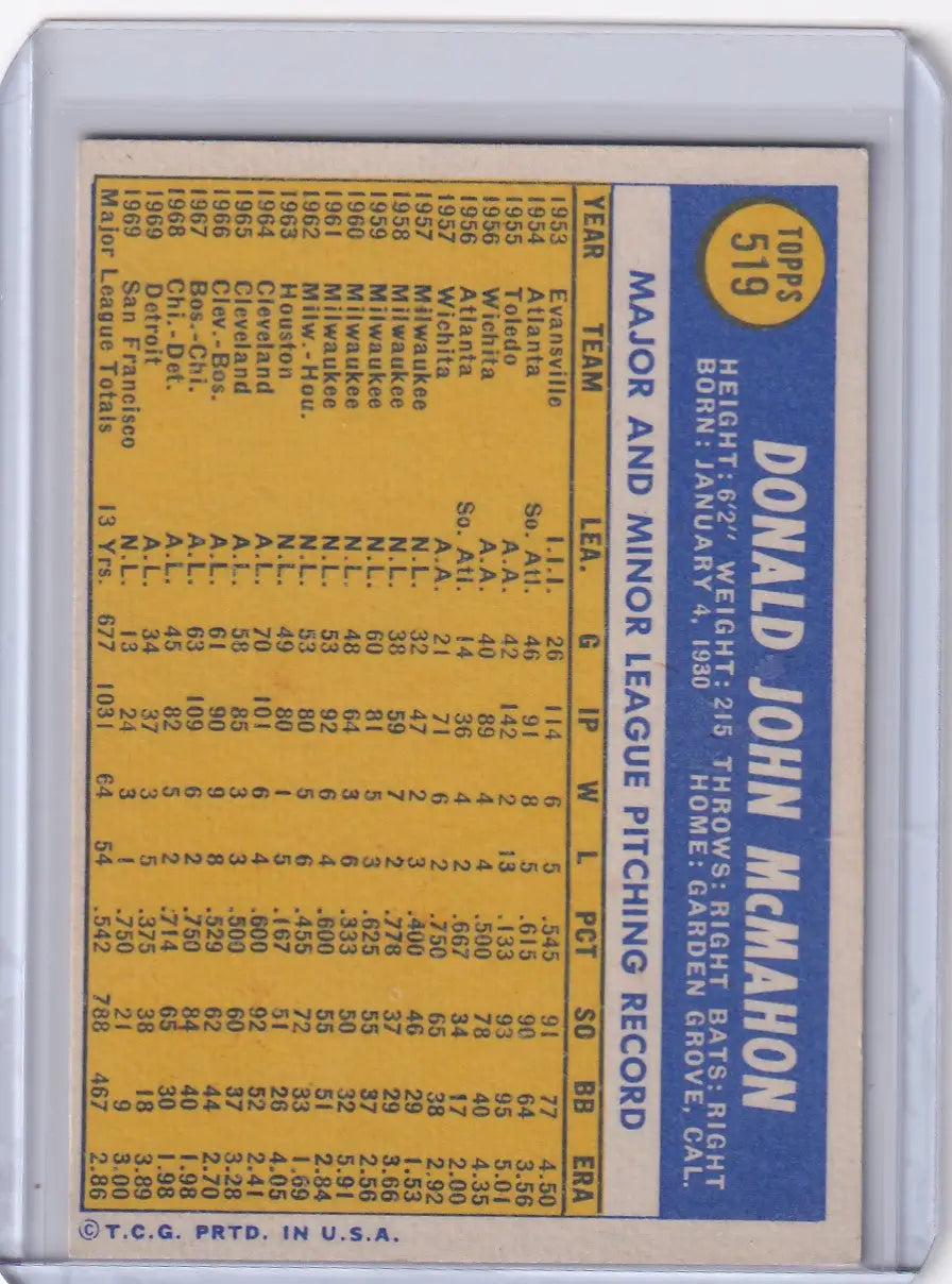 1970 Topps Baseball #519 Don McMahon - San Francisco Giants - Baseball Card Single