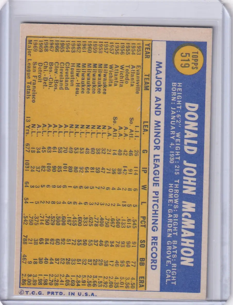 1970 Topps Baseball #519 Don McMahon - San Francisco Giants