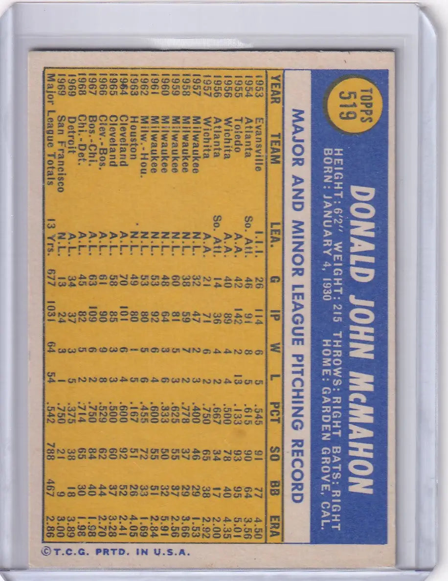 1970 Topps Baseball #519 Don McMahon - San Francisco Giants