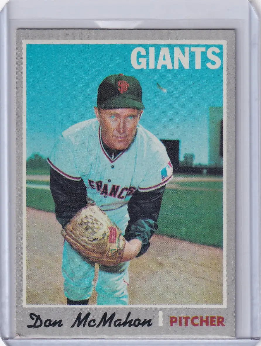 Vintage Topps Baseball card of Don McMahon, San Francisco Giants pitcher in white uniform