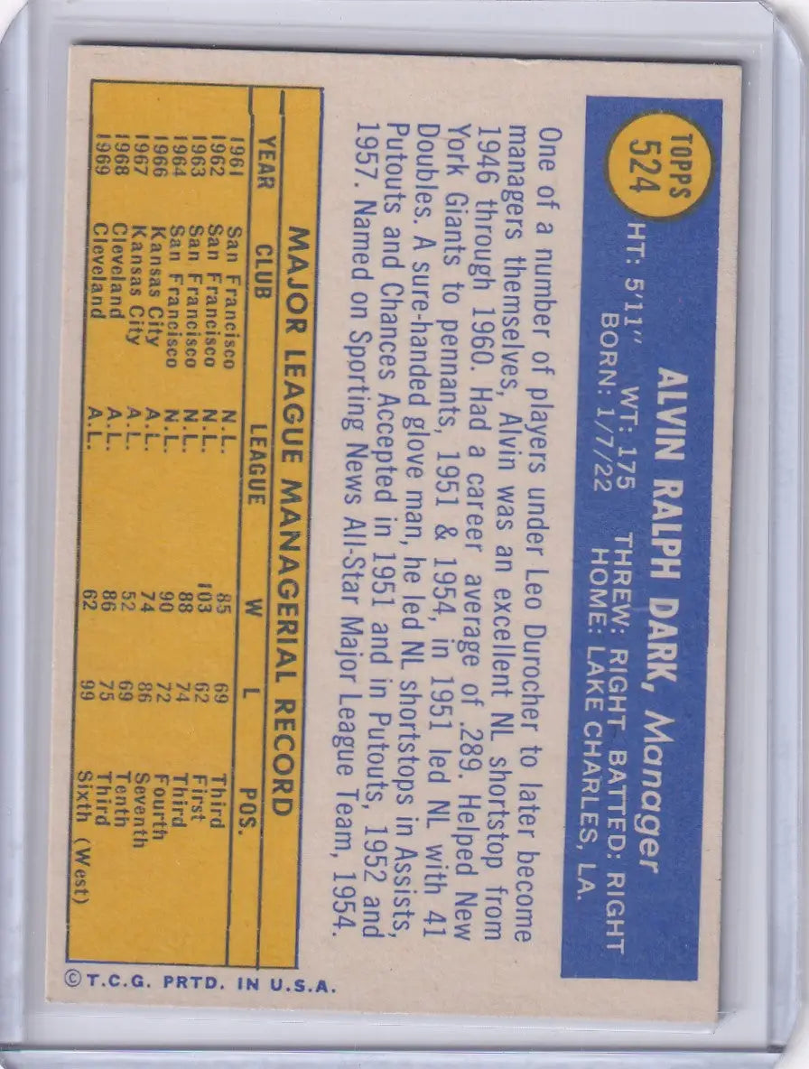 1970 Topps Baseball #524 Alvin Dark - Cleveland Indians