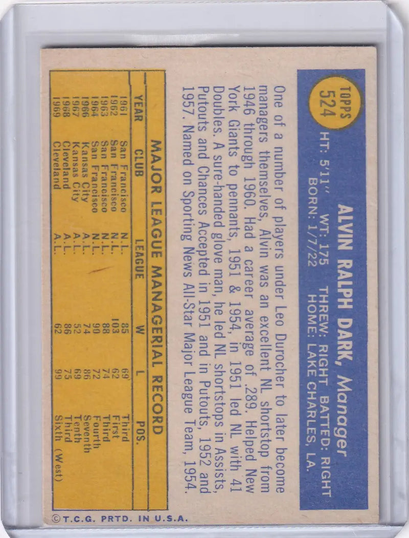 1970 Topps Baseball #524 Alvin Dark - Cleveland Indians
