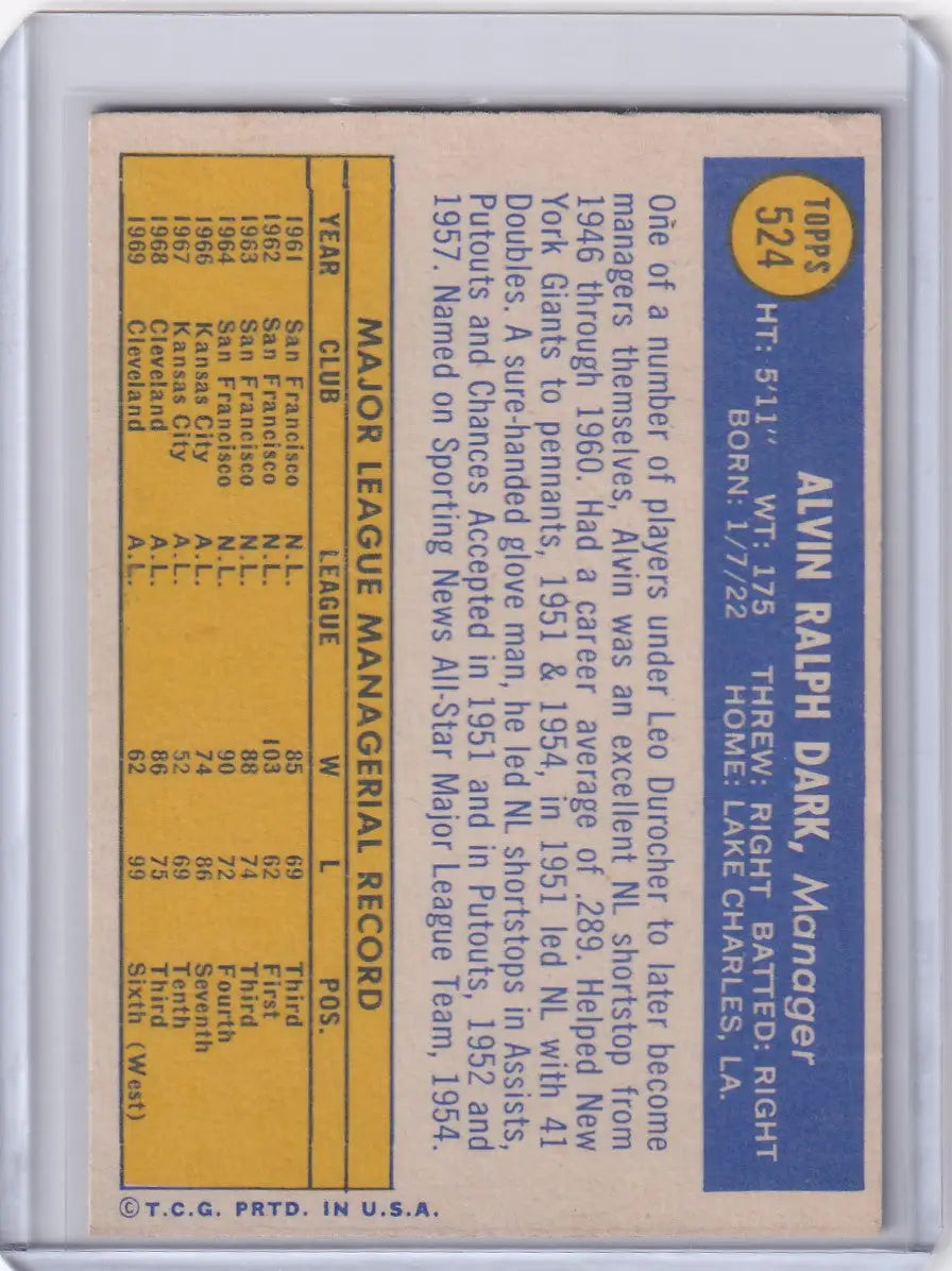 1970 Topps Baseball #524 Alvin Dark - Cleveland Indians