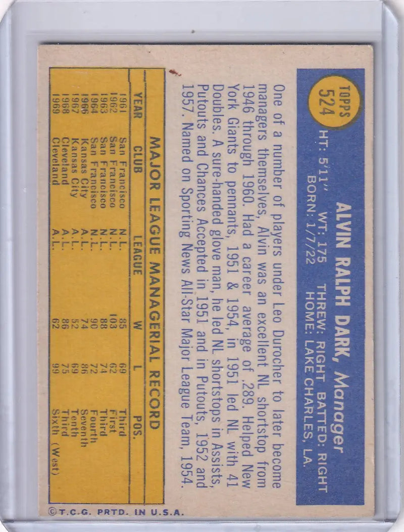 1970 Topps Baseball #524 Alvin Dark - Cleveland Indians