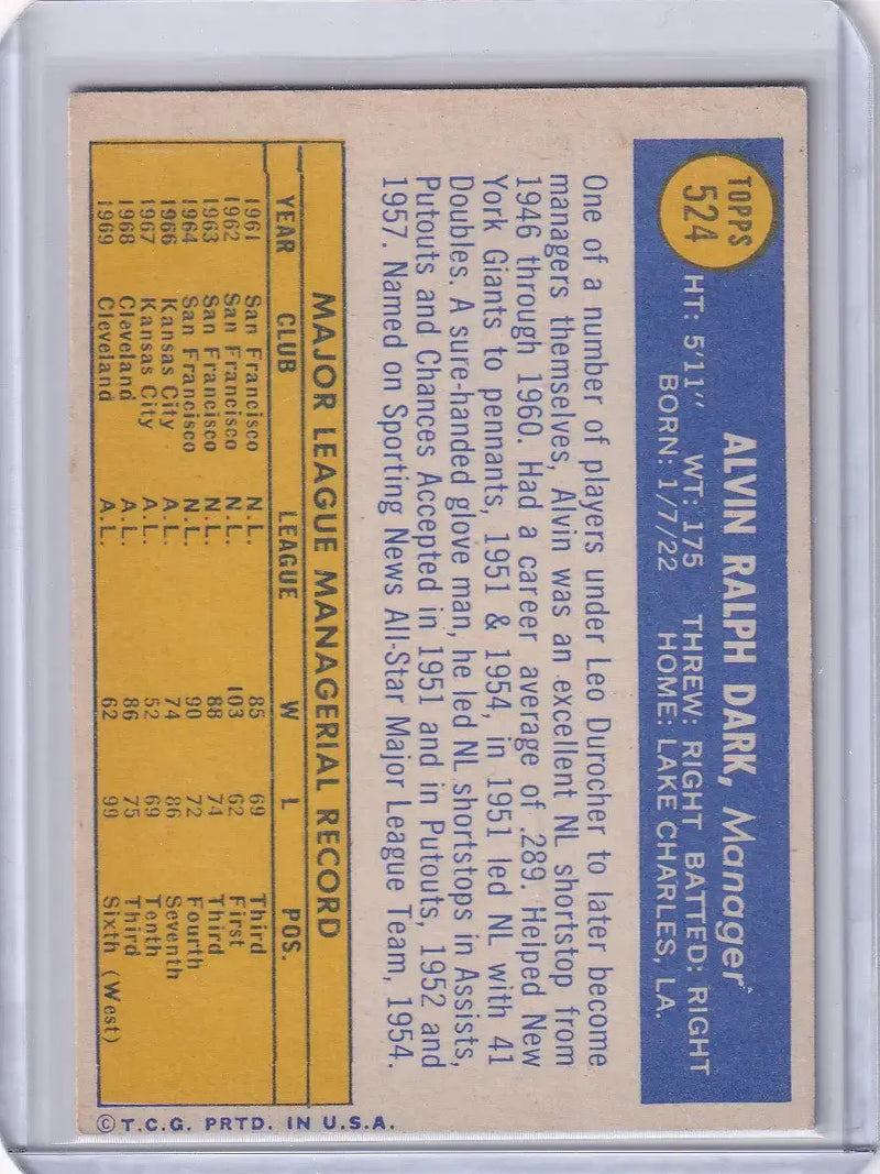 1970 Topps Baseball #524 Alvin Dark - Cleveland Indians