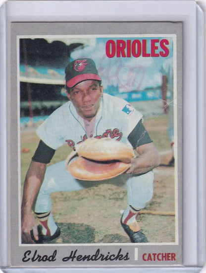 1970 Topps Baseball card of Ellie Hendricks, Baltimore Orioles catcher in crouched position