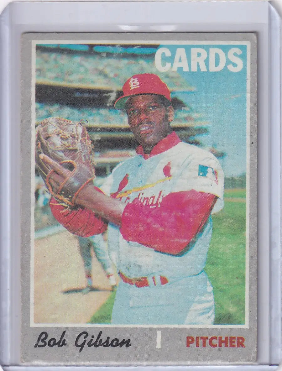 Vintage 1970 Topps Baseball card of Bob Gibson with St. Louis Cardinals pitcher