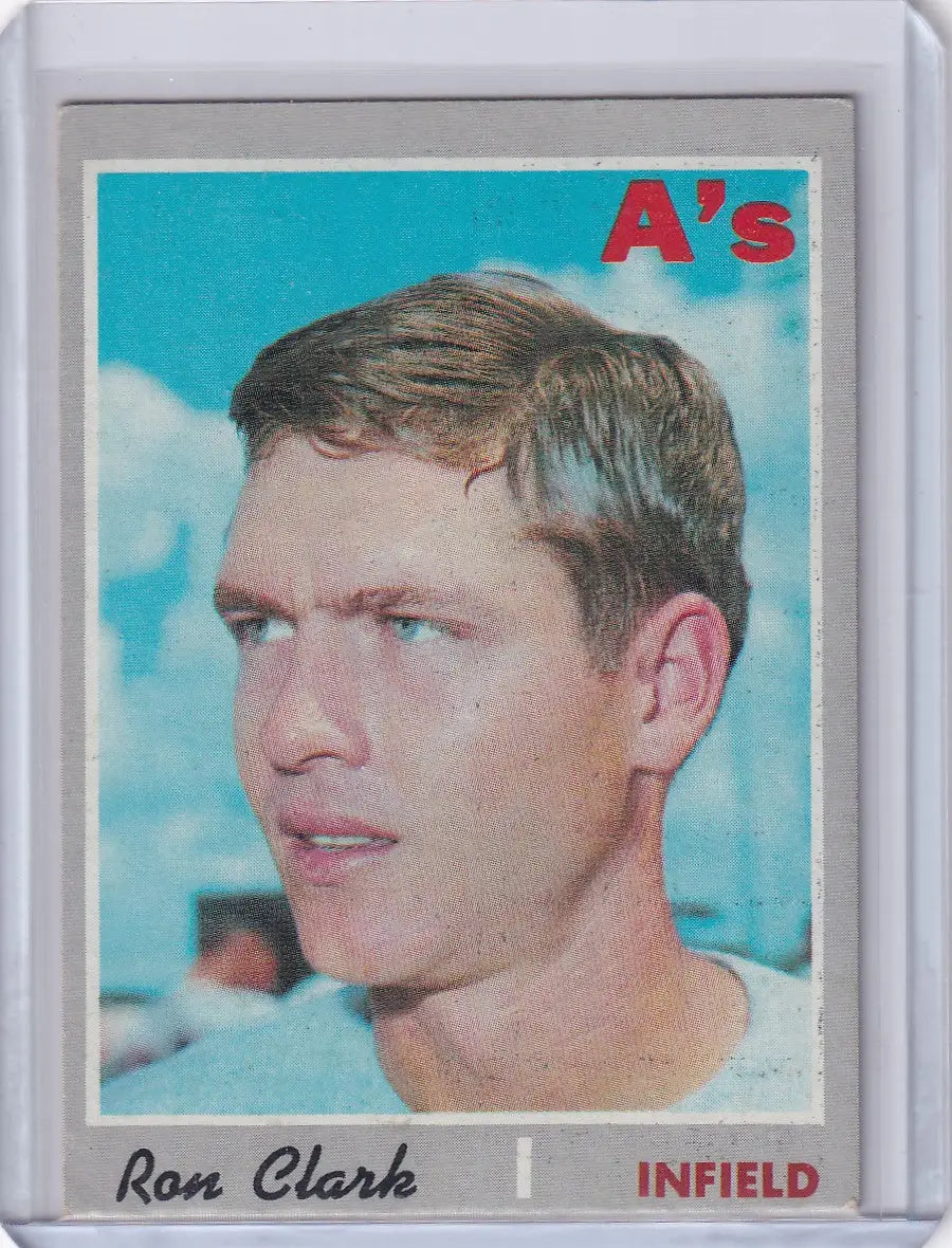 Topps Baseball card of young Ron Clark with Oakland Athletics against blue sky