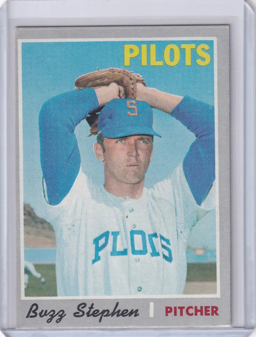 Topps Baseball card of Buzz Stephen, Seattle Pilots pitcher in wind-up pose