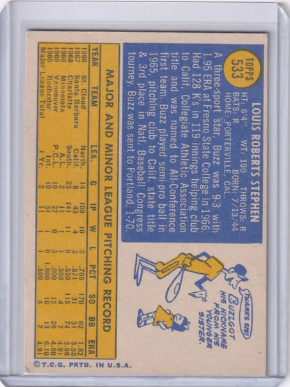 Vintage Topps Baseball card of Buzz Stephen with Seattle Pilots illustration and stats