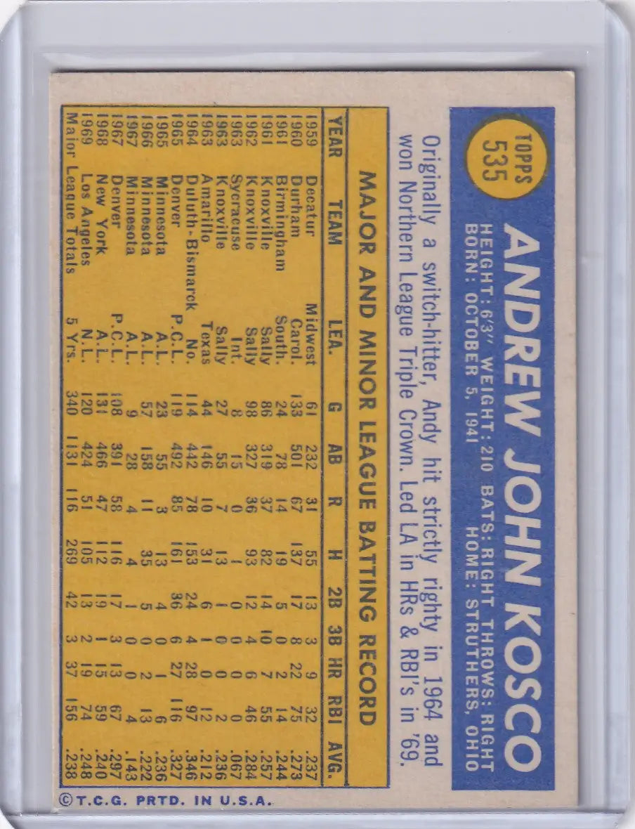 1970 Topps Baseball #535 Andy Kosco - Los Angeles Dodgers