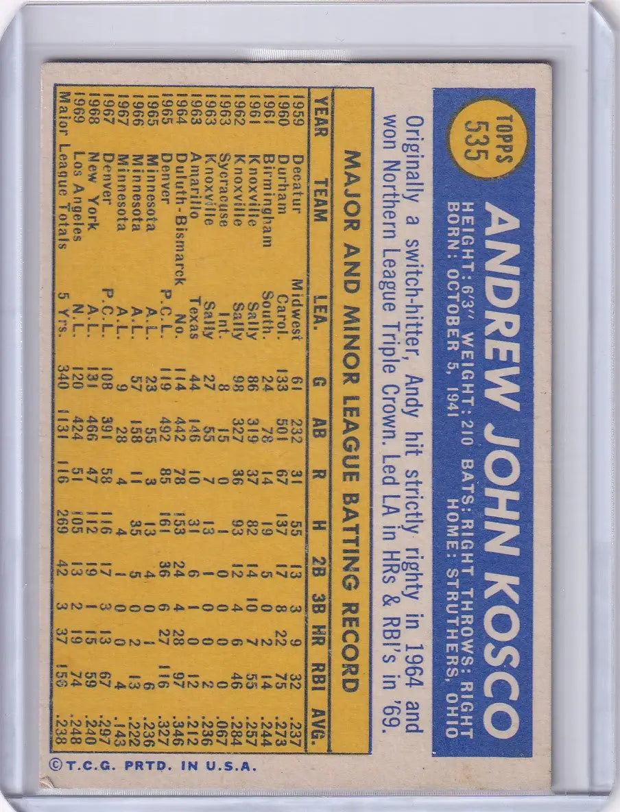 1970 Topps Baseball #535 Andy Kosco - Los Angeles Dodgers