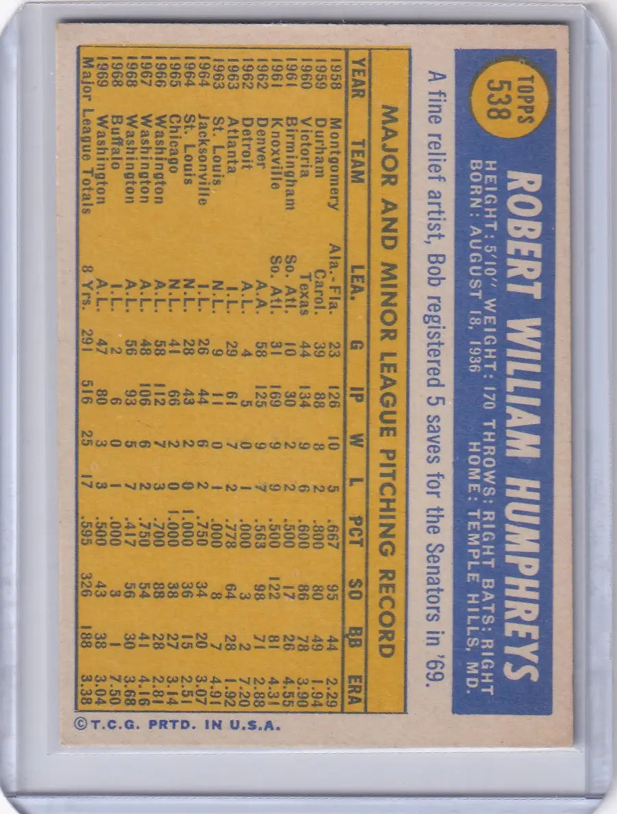 1970 Topps Baseball #538 Bob Humphreys - Washington Senators