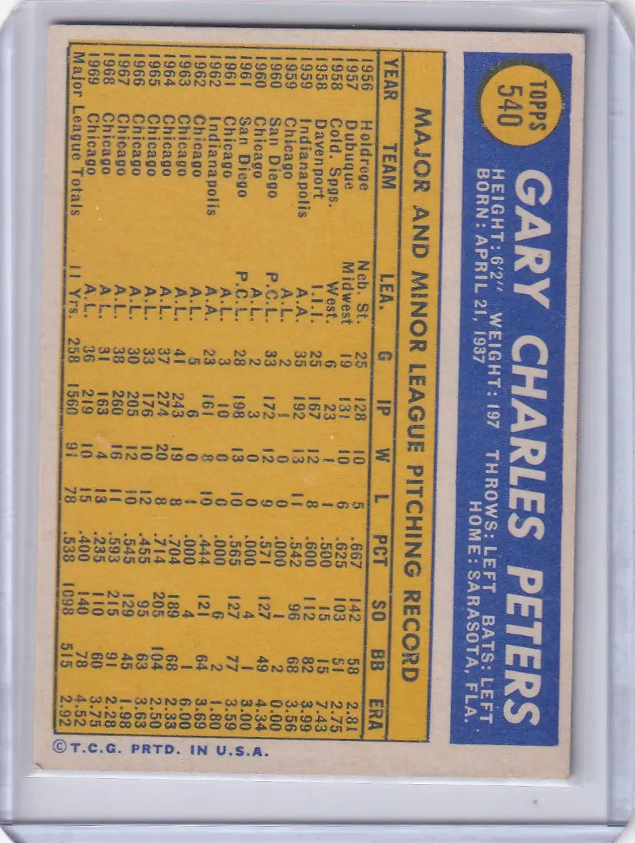 1970 Topps Baseball #540 Gary Peters - Boston Red Sox