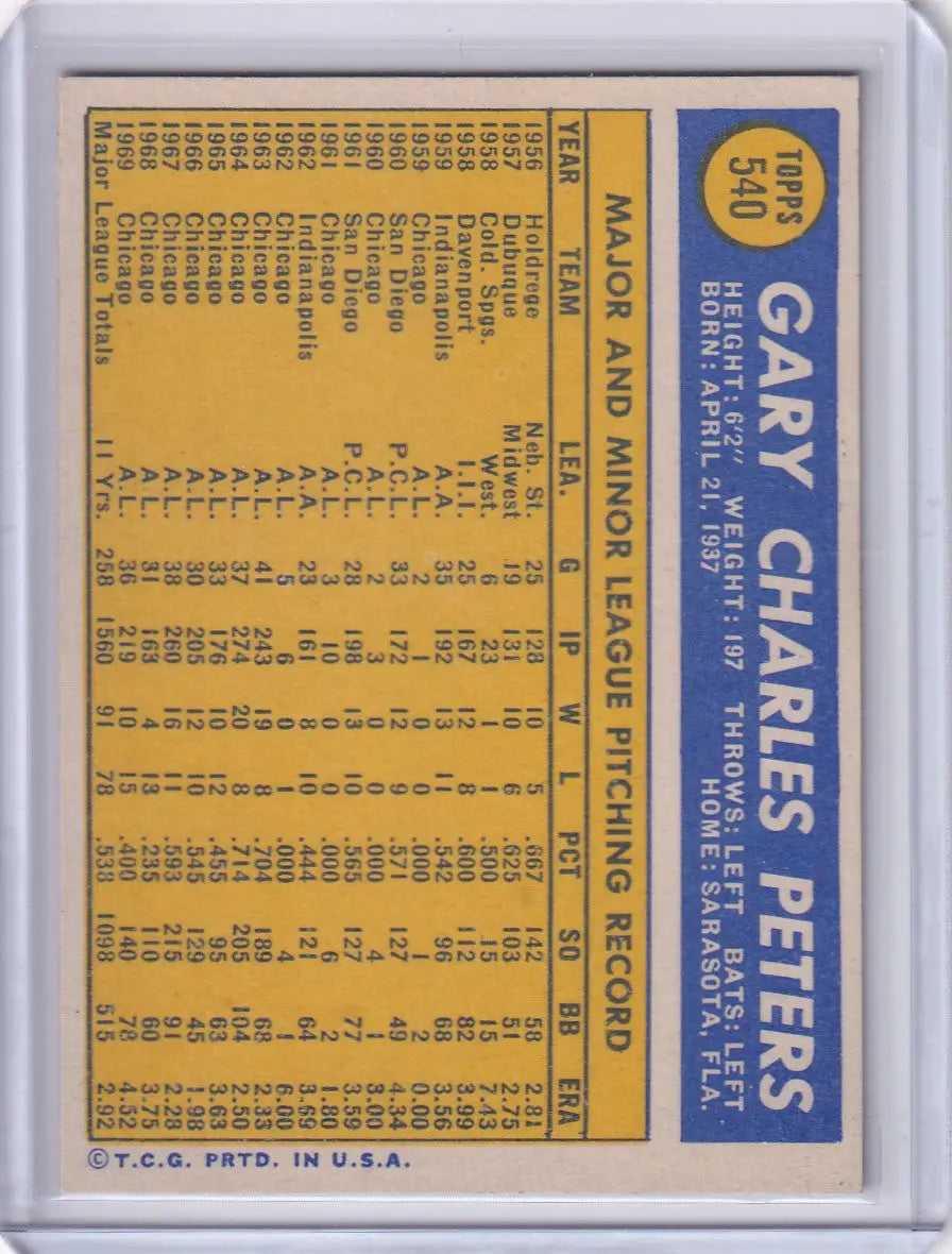 1970 Topps Baseball #540 Gary Peters - Boston Red Sox