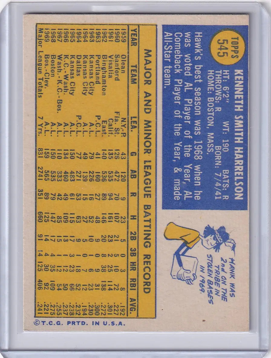 1970 Topps Baseball #545 Ken Harrelson - Cleveland Indians