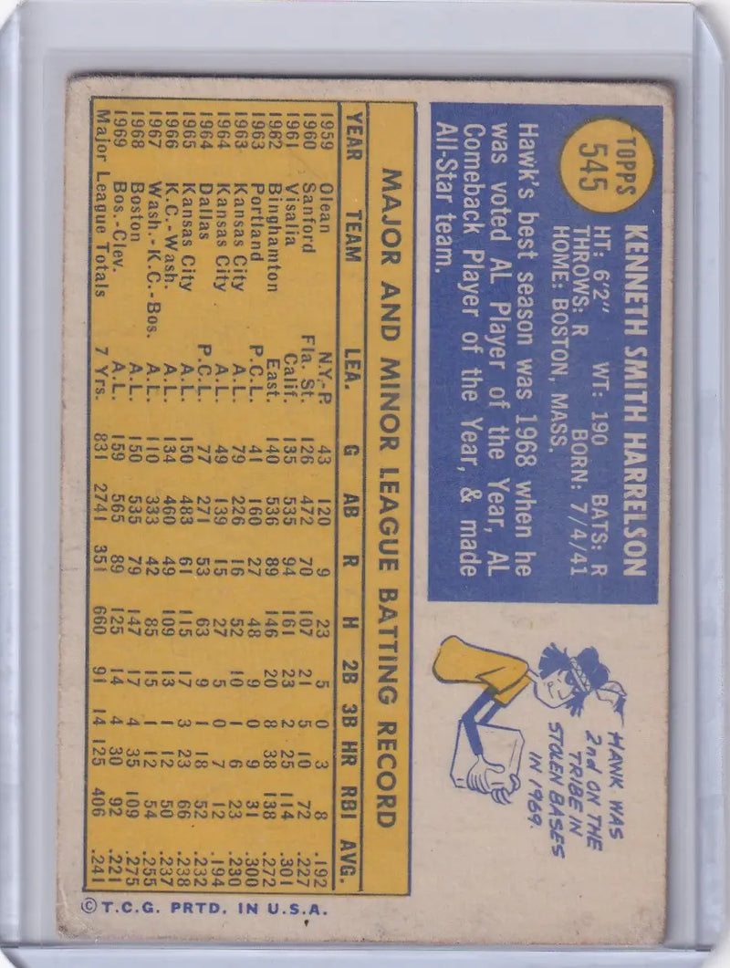1970 Topps Baseball #545 Ken Harrelson - Cleveland Indians