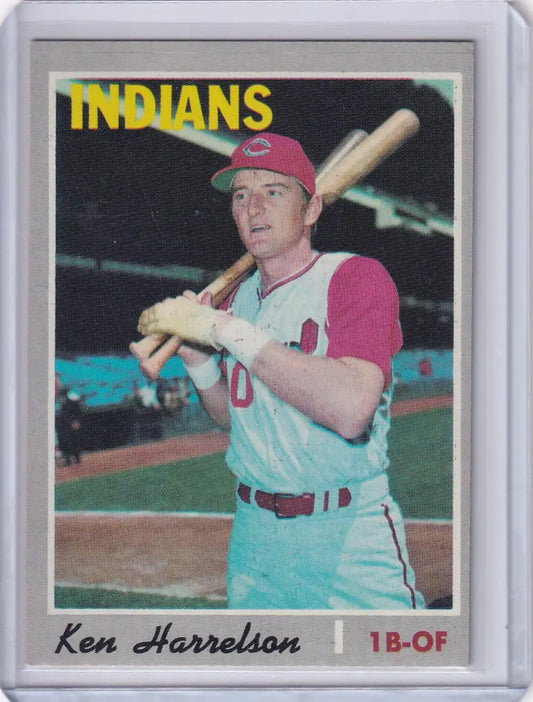 Baseball card of Ken Harrelson in batting stance for Cleveland Indians Topps Baseball