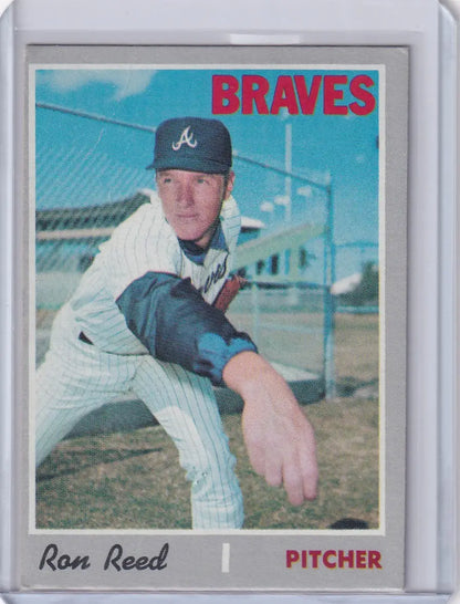 Baseball card of Ron Reed in throwing pose, Topps Baseball for Atlanta Braves fans
