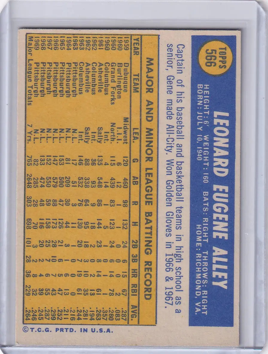 Vintage Topps Baseball card featuring Gene Alley of the Pittsburgh Pirates