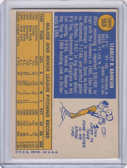 Vintage Topps Baseball card of Stan Bahnsen, New York Yankees pitcher with stats