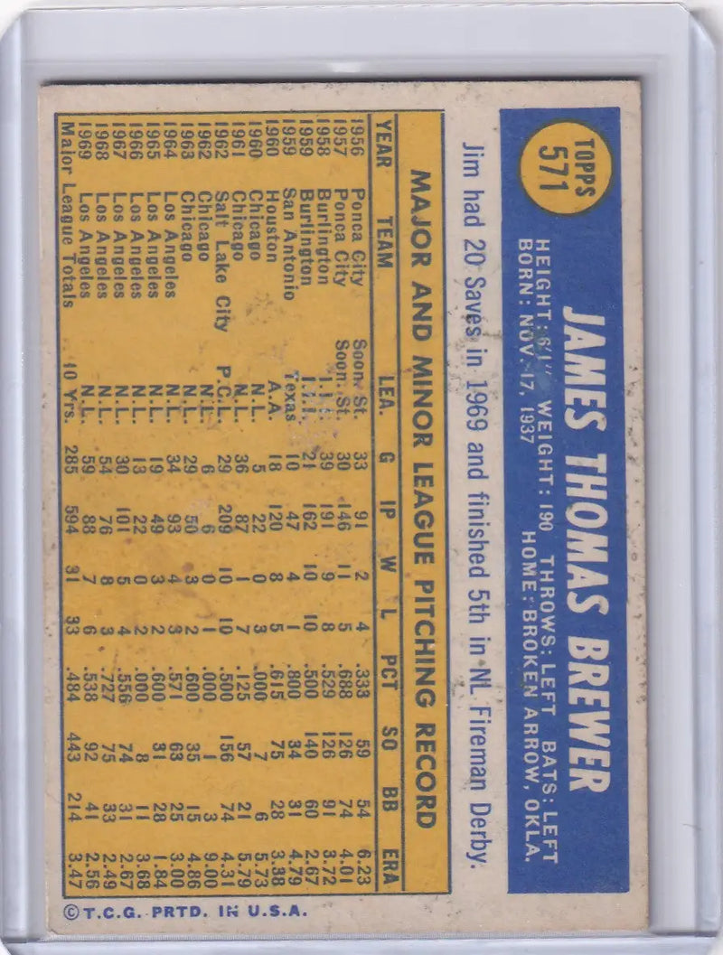 1970 Topps Baseball #571 Jim Brewer - Los Angeles Dodgers