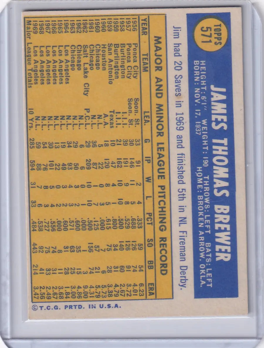 1970 Topps Baseball #571 Jim Brewer - Los Angeles Dodgers