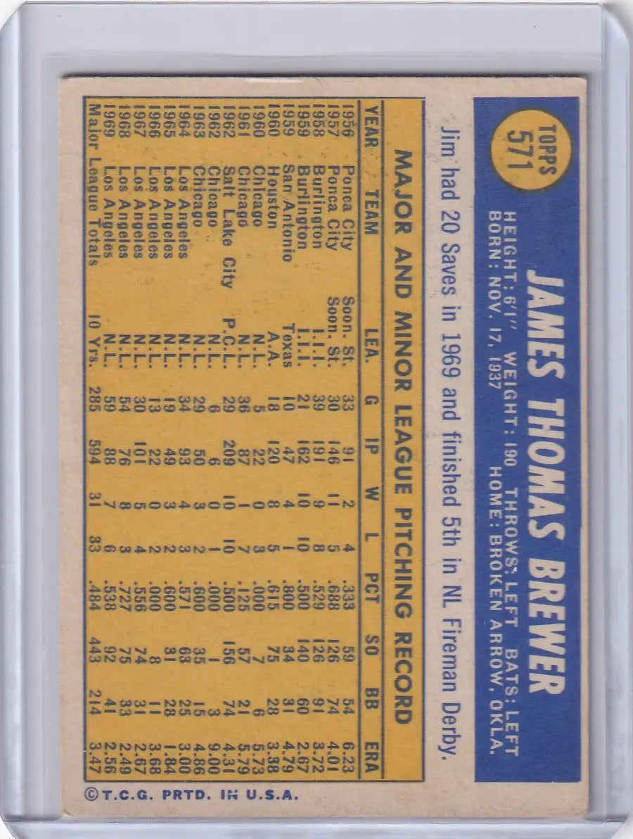1970 Topps Baseball #571 Jim Brewer - Los Angeles Dodgers