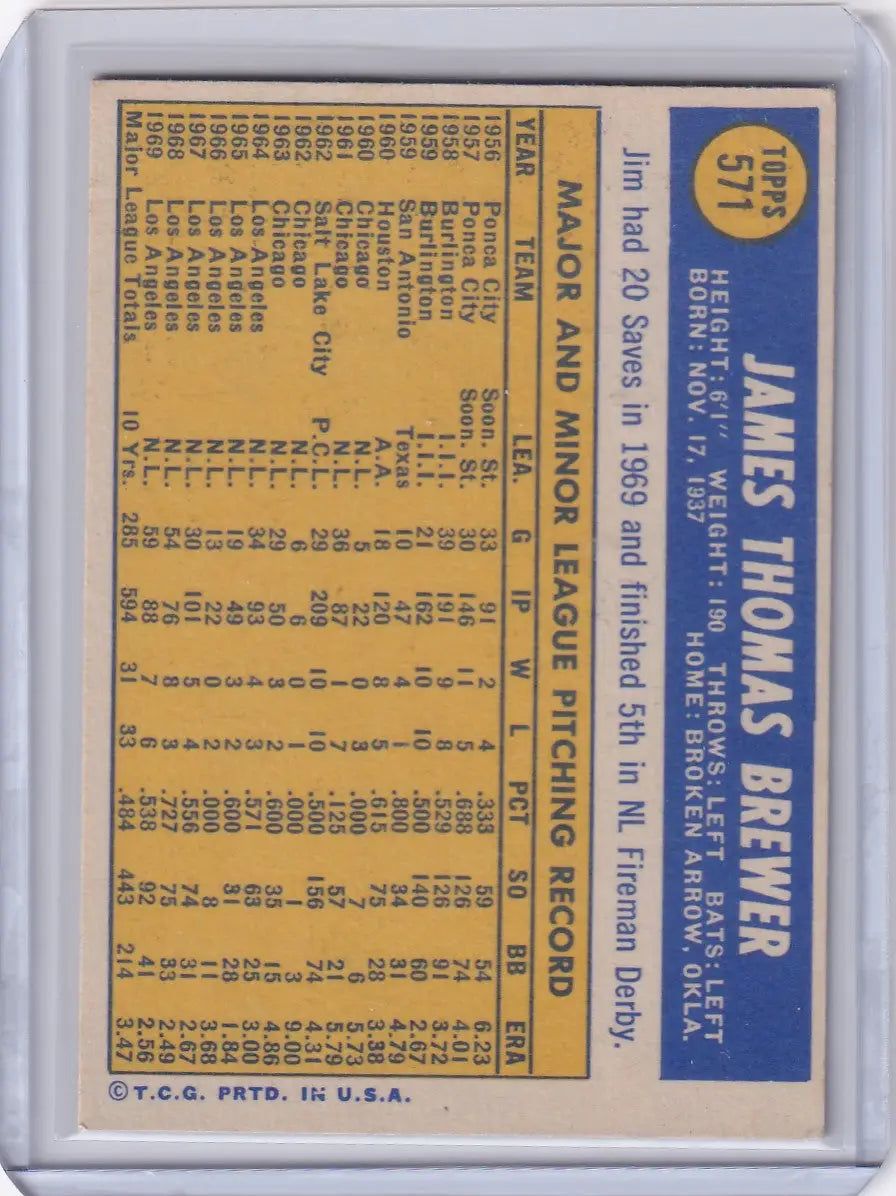 1970 Topps Baseball #571 Jim Brewer - Los Angeles Dodgers