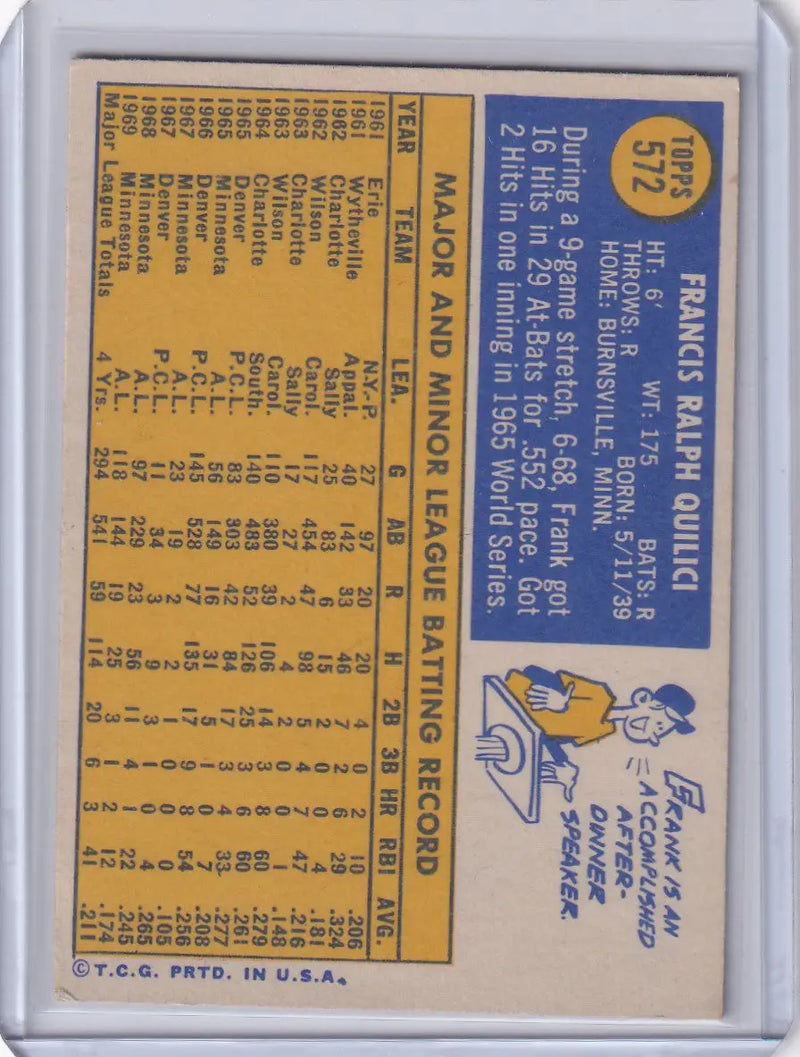 1970 Topps Baseball #572 Frank Quilici - Minnesota Twins - Baseball Card Single