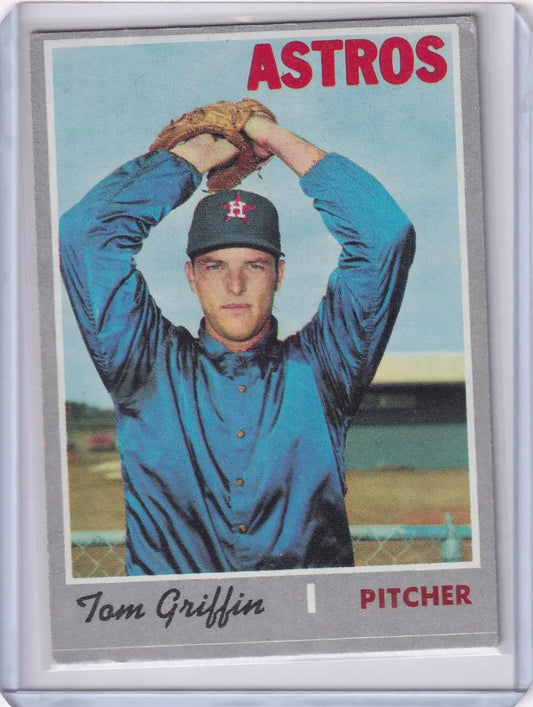 Baseball card of Tom Griffin in wind-up pose for Topps Baseball, Houston Astros