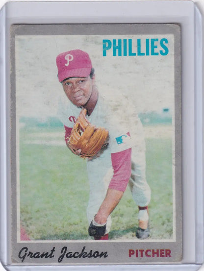 Baseball card of Grant Jackson in throwing stance for Topps Baseball, Philadelphia Phillies